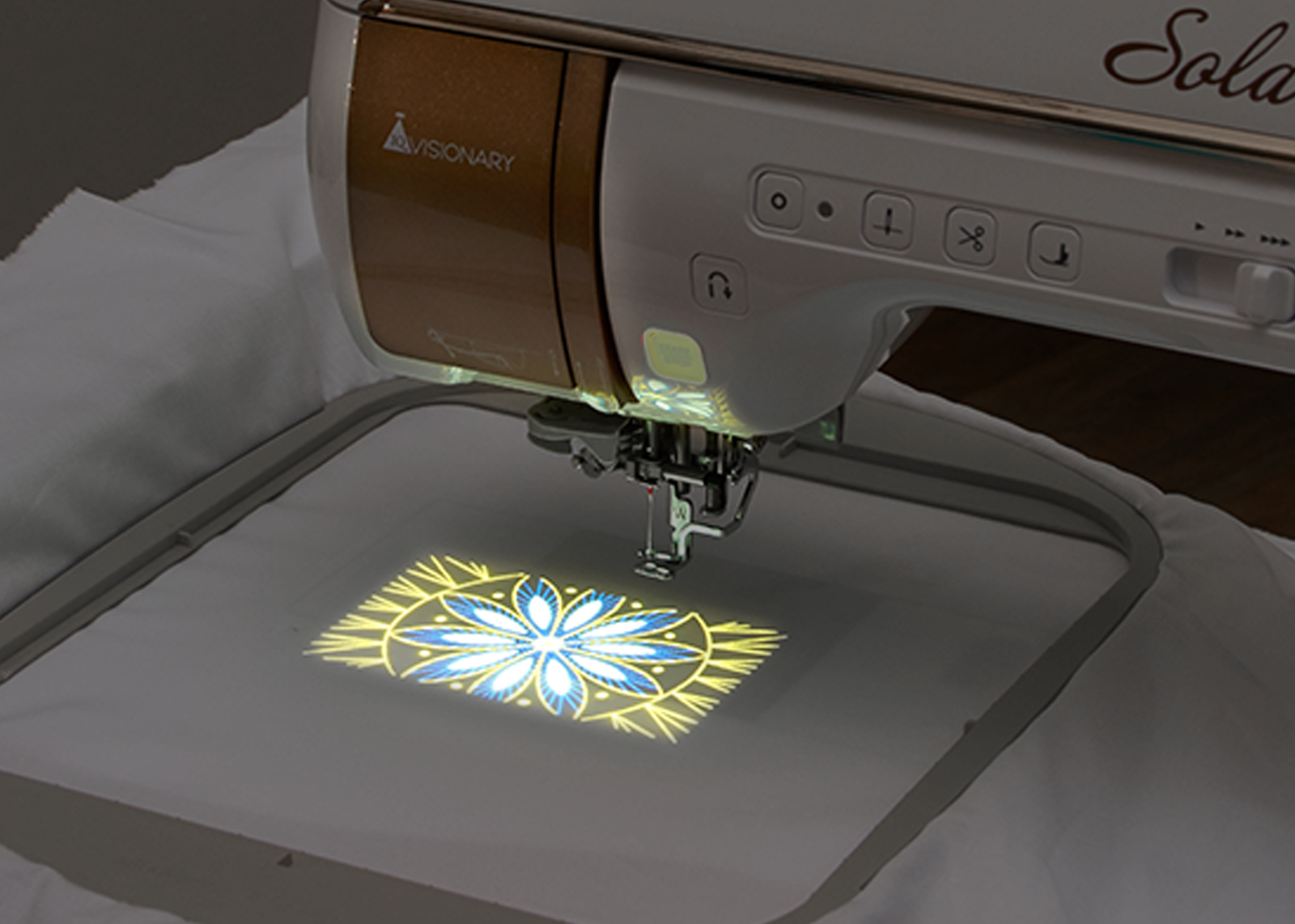 Use the Baby Lock Solaris 2 Sewing and Embroidery Machine's built-in projector camera for perfect embroidery placement.