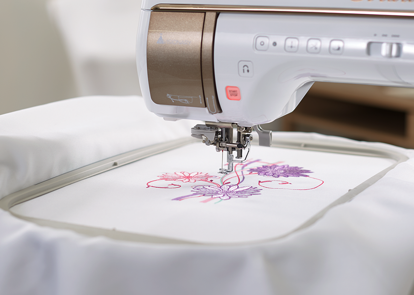 Create giant embroidery designs with the Baby Lock Solaris 2 Sewing and Embroidery Machine's huge embroidery hoop.